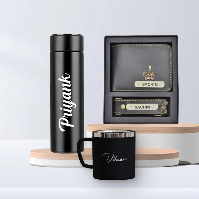 Personalized Temperature Bottle, Steel Mug ,Wallet And Keychain Combo