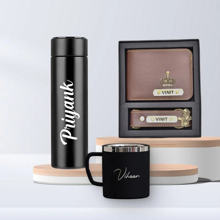 Personalized Temperature Bottle, Steel Mug ,Wallet And Keychain Combo