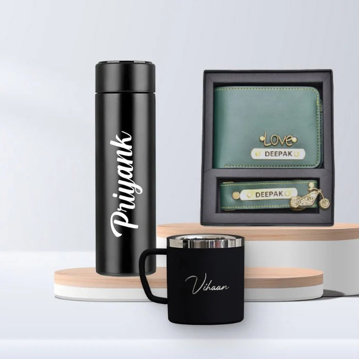 Personalized Temperature Bottle, Steel Mug ,Wallet And Keychain Combo