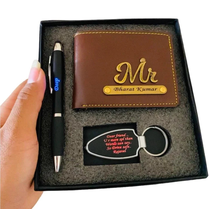 Customised men's wallet with led pen and Keychain combo