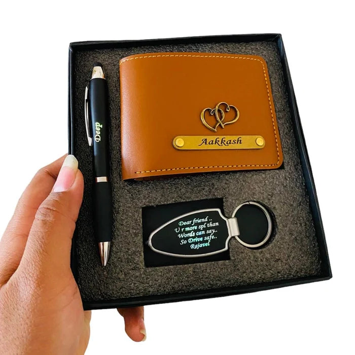 Customised men's wallet with led pen and Keychain combo
