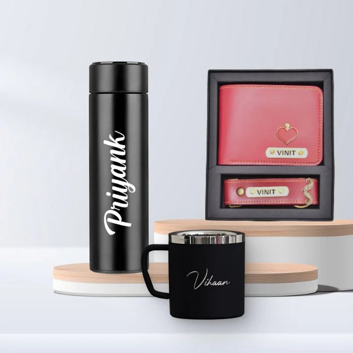 Personalized Temperature Bottle, Steel Mug ,Wallet And Keychain Combo